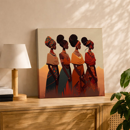 African women with tribal jewelry wall art for living room, styled with oak sideboard and lamp