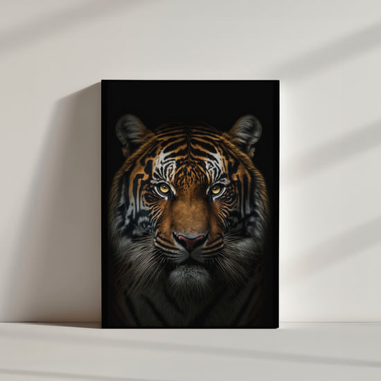 Tiger face subtly lit on a black background, 8K photographic wall art print