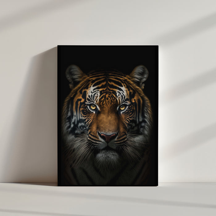 Tiger face subtly lit on a black background, 8K photographic wall art print