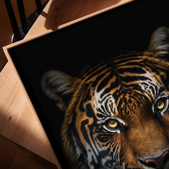 Orange tiger portrait with piercing eyes, living room wall art in a golden oak frame