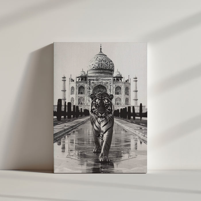 Close-up photo of a tiger walking toward the camera with the Taj Mahal in the background