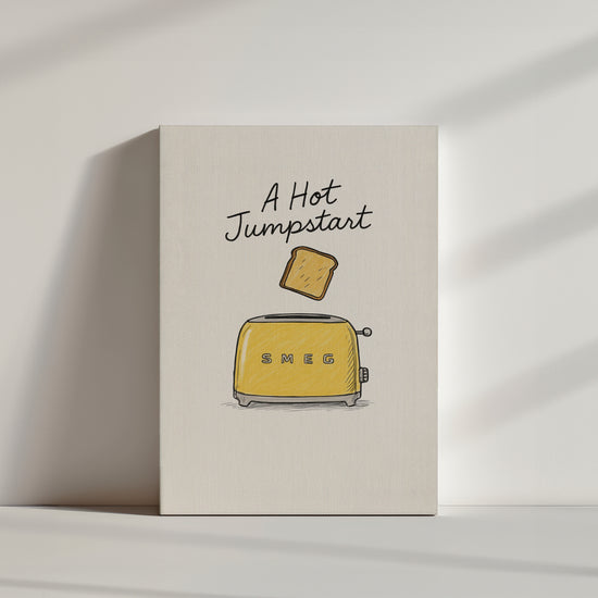 Toaster rétro jaune avec tranche de pain grillé et texte "A Hot Jumpstart" en style vintage