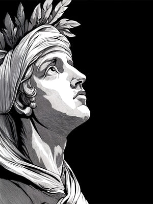 Decorative black and white artwork depicting Apollo, inspired by ancient sculptures. His gaze directed skywards expresses wisdom and contemplation. Laurel wreath and turban add a classic and elegant touch. Ideal for timeless and sophisticated decor.