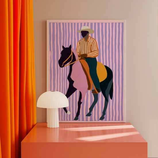Pop-color western cowboy on horseback canvas in a vibrant retro living room