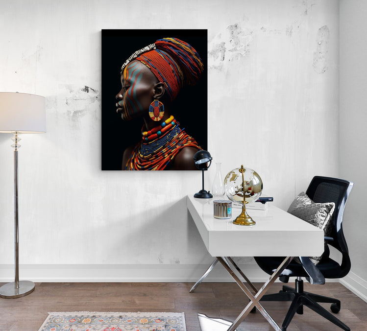 Affiché dans un bureau design, le Portrait photo Africain offre un contraste fascinant et énergise l'espace