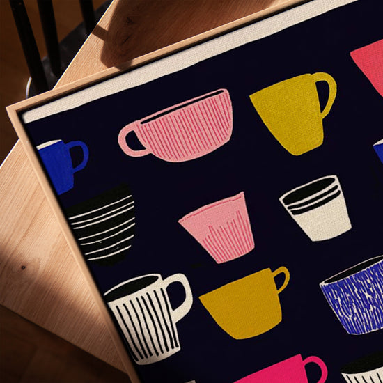 Framed Pop Art wall art with colorful coffee mugs, golden oak frame for living room decor