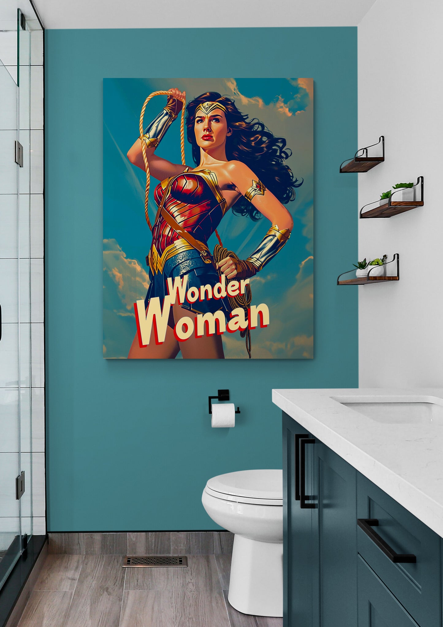 un tableau de Wonder Woman se dresse fièrement dans une salle de bain moderne