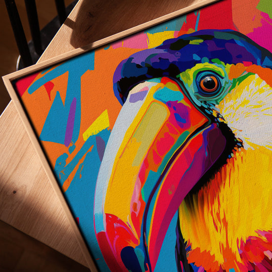 Large Pop Art Toucan wall art canvas – tropical decor, room setting