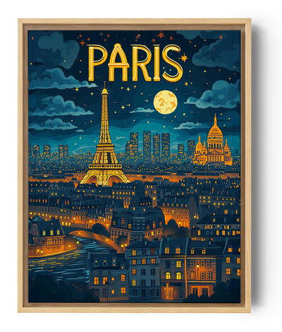 Colorful Paris Night Illustration with the Eiffel Tower, Sacré-Cœur (Sacre Coeur), Full Moon and Starry Sky
