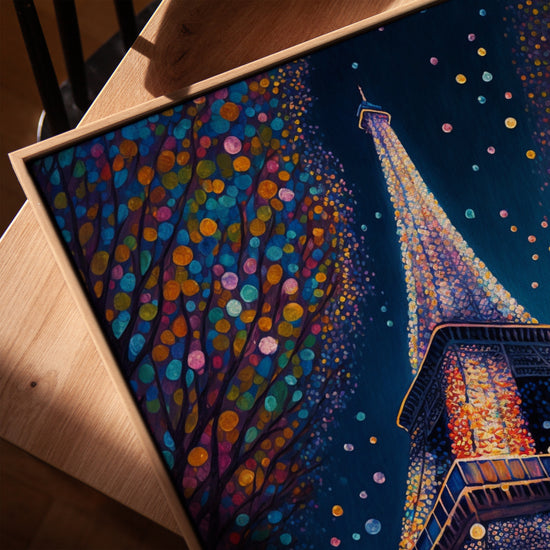 Nighttime pointillism Eiffel Tower wall art for living room - golden oak frame
