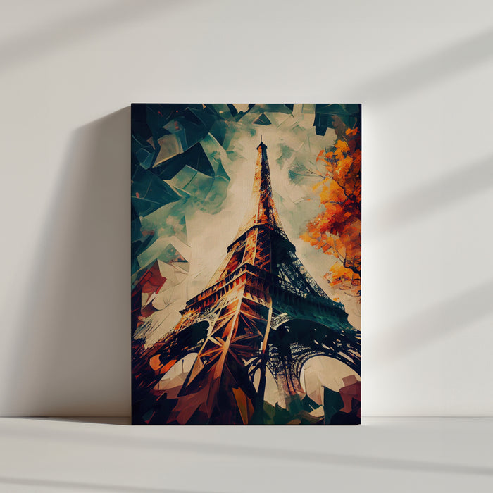 Paris Eiffel Tower painting, low-angle view with blue, white and red tricolor sky
