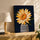 Tableau fleurs tournesol jaune vase rayé sur buffet chêne décoration salon moderne