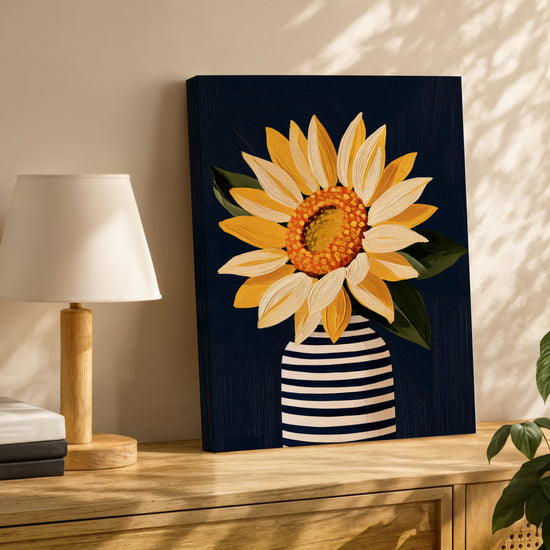 Tableau fleurs tournesol jaune vase rayé sur buffet chêne décoration salon moderne