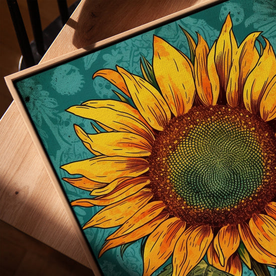 Tournesol pop art tableau pour salon cadre chêne doré