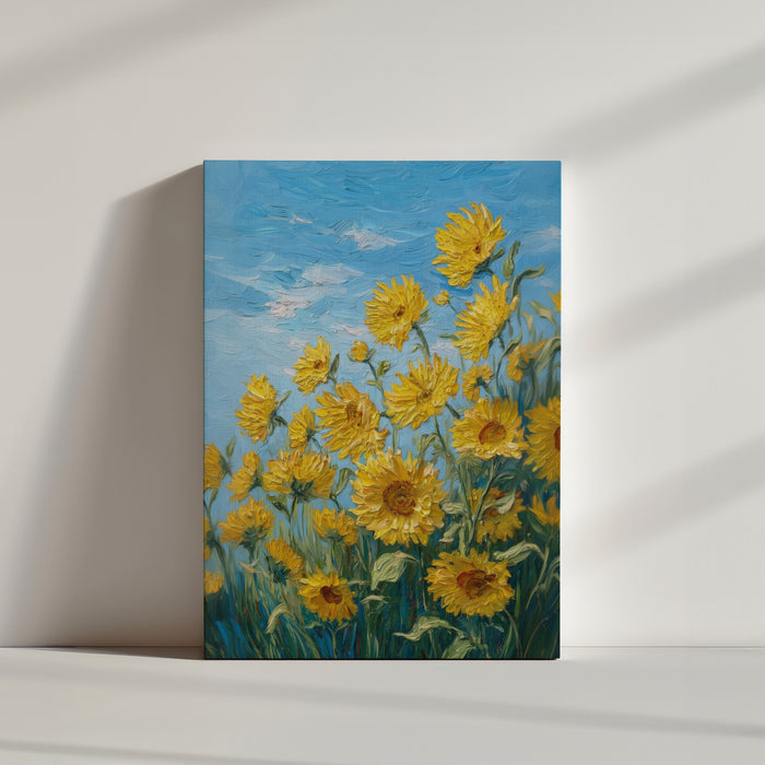 Impressionist yellow sunflower wall art with a blue sky background, evoking summer joy