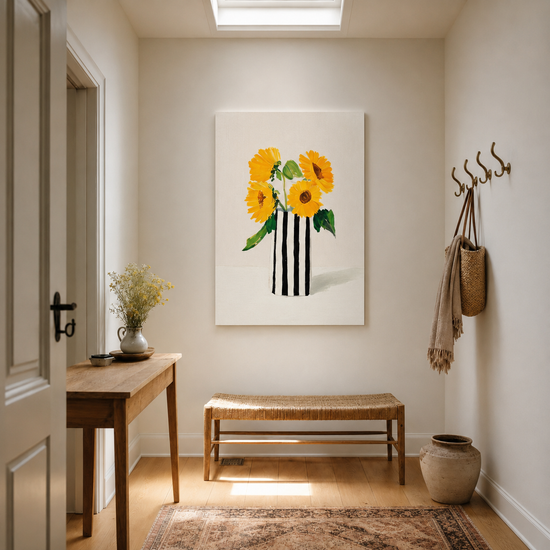 Blumenbild gelbe Sonnenblumen schwarz-weiß gestreifte Vase moderne optimistische Wanddekoration