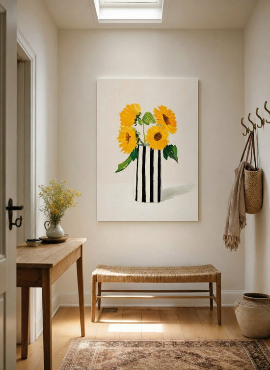 Tableau fleurs tournesols jaunes vase rayé noir blanc décoration murale moderne optimiste