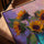 Tournesols au pichet bleu tableau pour salon cadre chêne doré