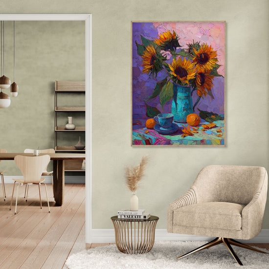 Impressionist-style sunflower art in a turquoise vase with vibrant shades, adding color to a modern living room