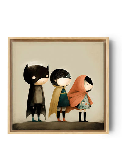 Children's illustration of three super heroes — soft, poetic nursery wall decor