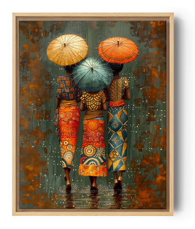 peinture Trois femmes de dos, parapluies colorés, motifs africains vibrants.