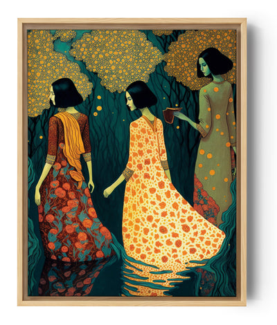 Wandbild mit 3 Frauen im Wasser, elegant unter dem Mond badend, das Reinheit und spirituelle Reinigung symbolisiert