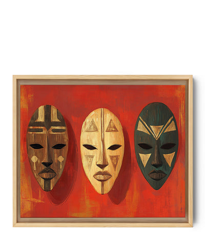 Wandschilderij van kleurrijke tribale maskers op vurig rode achtergrond, etnische stijl