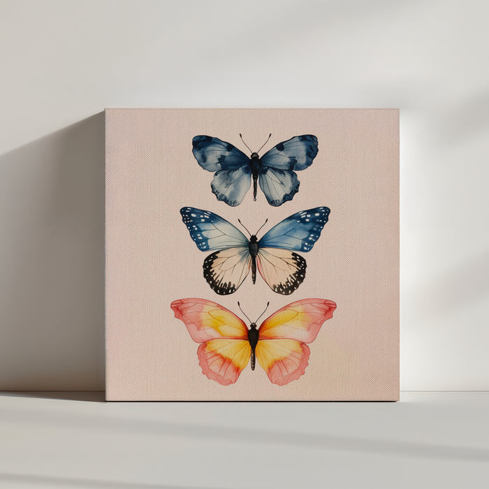 Butterfly wall art print with three stacked butterflies transitioning from deep blue to blush yellow