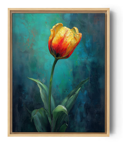 Künstlerisches Wandbild einer gelb-roten Tulpe auf grünem Hintergrund, lebendiger impressionistischer Stil
