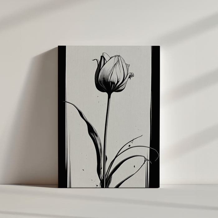 Minimalist black ink tulip illustration on a light background, fluid lines, curved leaves, and artistic ink splatters