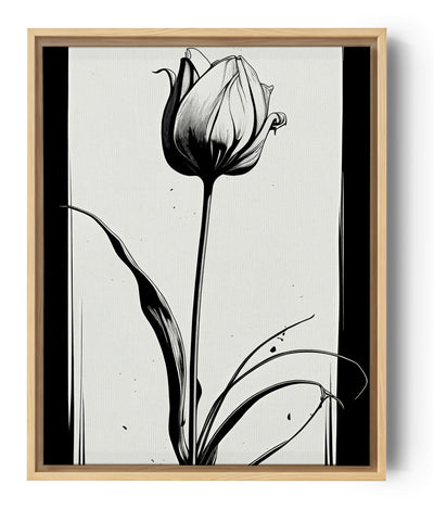 Eine elegante, mit schwarzer Tinte gezeichnete Tulpe erhebt sich vor einem hellen Grund. Die fließenden Linien und der minimalistische Stil vermitteln einen Eindruck von Zartheit und Poesie. Die Illustration fängt die natürliche Bewegung der Blume mit gebogenen Blättern und einigen Tintenspritzern ein, die eine künstlerische Note hinzufügen