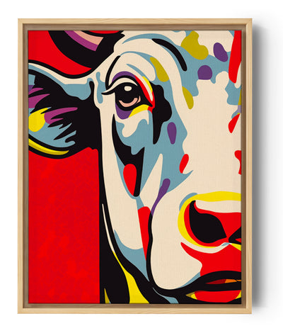 Pop Art Cow Painting with Red Background in Bold Primary Colors – High-Contrast Wall Art