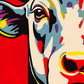 tableau pop art fond rouge, illustration d'une vache couleur primaire, contraste fort