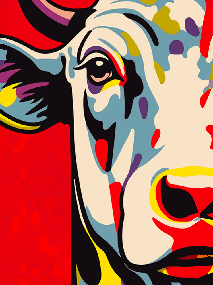tableau pop art fond rouge, illustration d'une vache couleur primaire, contraste fort