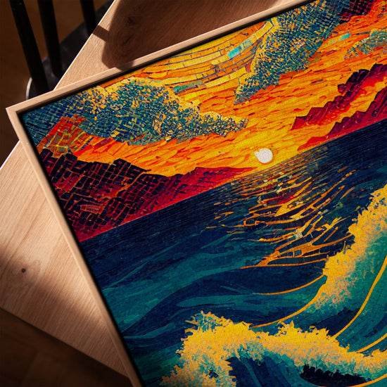 Tableau vagues océaniques coucher de soleil pour salon scandinave