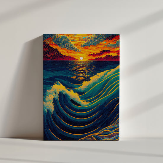 Tableau des vagues de la mer en mouvement devant un couché du soleil