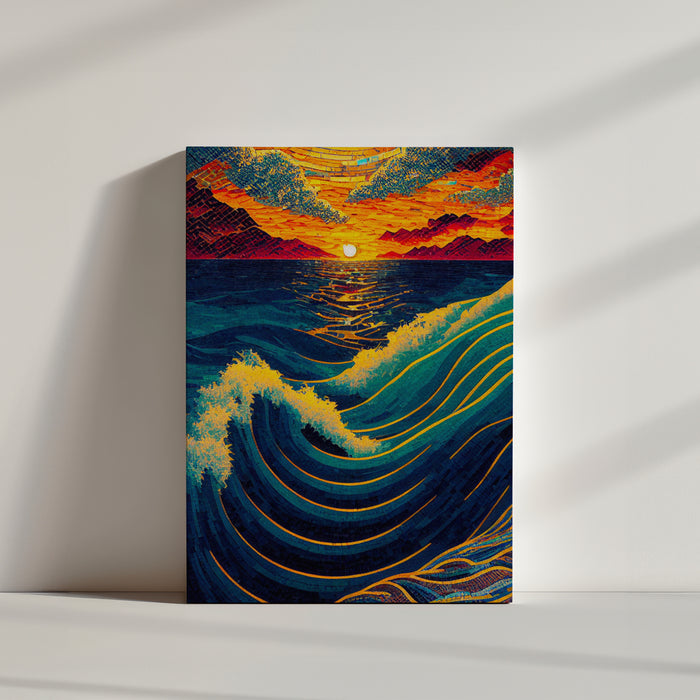 Tableau des vagues de la mer en mouvement devant un couché du soleil