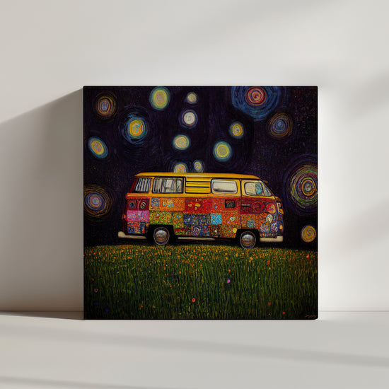 Colorful hippie van painting in a grassy field – vibrant colors and a joyful vibe wall art