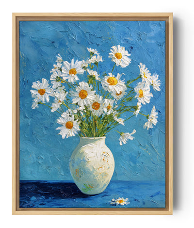 Strauß Margeriten in einer Vase, impressionistischer Stil auf beruhigendem blauem Hintergrund