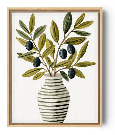 Aquarell, eine schlichte Illustration von Olivenzweigen in einer eleganten gestreiften Vase mit grünen Blättern und Oliven auf weißem Hintergrund, in sanften und natürlichen Tönen