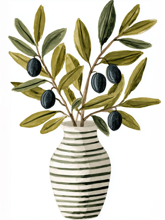Watercolor illustration of olive branches in an elegant striped vase with green leaves and black olives on a clean white background, soft natural tones