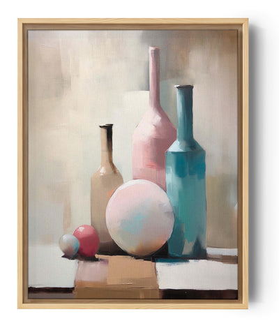 Decorative canvas wall art with light pastel colors and abstract vases