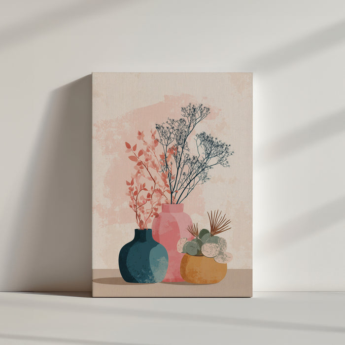 Trois vases colorés avec fleurs et plantes stylisées dans un style rétro-chic estival