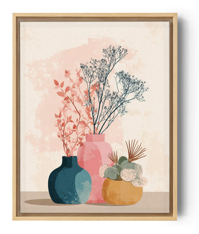 Tres jarrones de colores con flores y plantas estilizadas en un estilo retro-chic veraniego