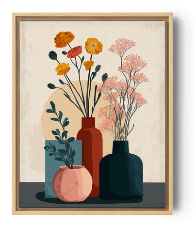 Tableau floral moderne avec vases colorés et fleurs séchées, style minimaliste pour décoration intérieure