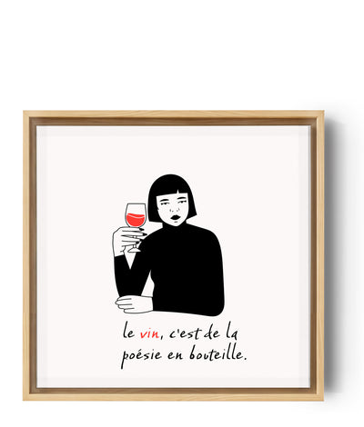 un póster para decorar las paredes de una cocina con una ilustración de una mujer que sostiene una copa de vino y una cita.