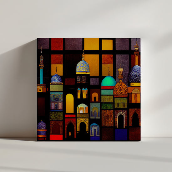 Middle Eastern cityscape art print with warm colors, intricate patterns and mosaic facades reflecting sunlight, stained-glass inspired, minarets and historic Islamic architecture