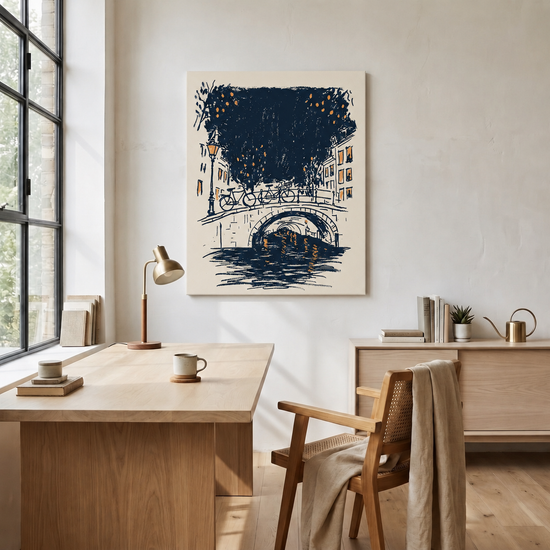 Tableau paysage urbain canal Amsterdam lumières dorées déco dans bureau