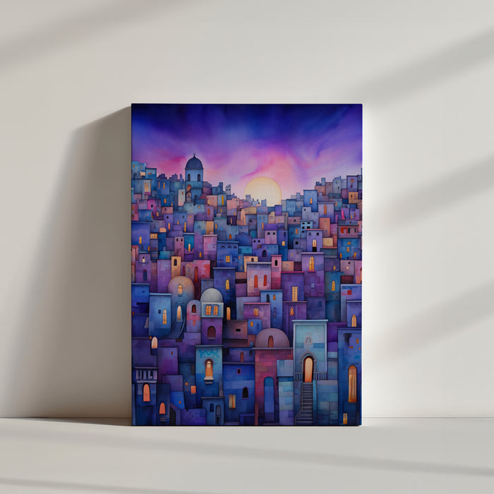 Ville onirique en crépuscule, palette apaisante pour une ambiance sereine.