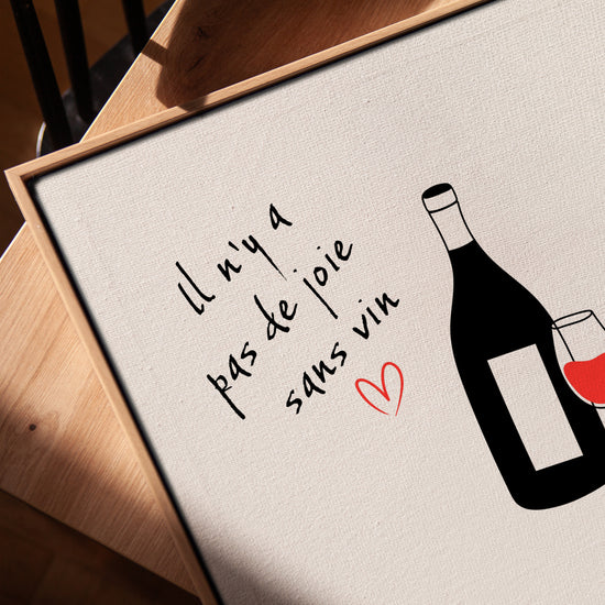 Wine quote print with bottle illustration in an oak frame for the living room